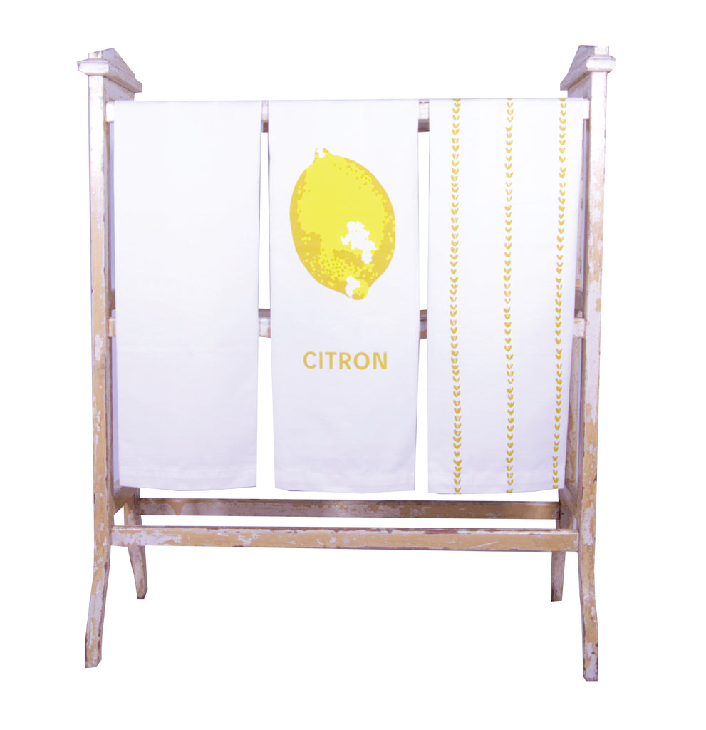 Tea towel set with lemons screen print on panama cotton, designed by Curious Lions and made in the UK. These keep their shape and colour.