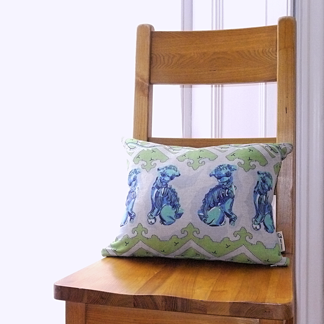 Blue foo dog print cushion