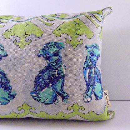 Blue foo dog print cushion