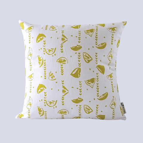 Cushion with removable cover in linen with screen printed lemons design, washable 46 x 46cm. Created and made by Curious Lions in the UK. Keeps it's shape.